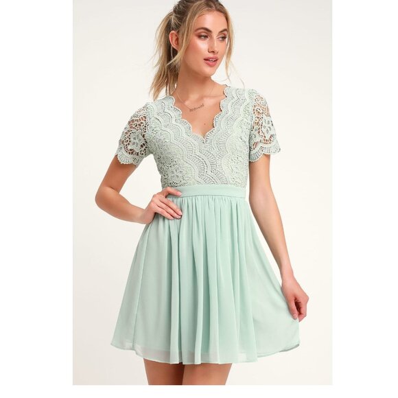 Lulu's Coquette Fairycore Mint Green Fit & Flare Crochet Trim Mini Dress S - Picture 1 of 3